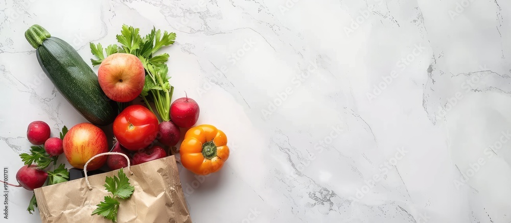 Poster Various fresh vegetables and fruits in a paper bag arranged on a white marble surface for a vegan food delivery ideal for adding text alongside the copy space image