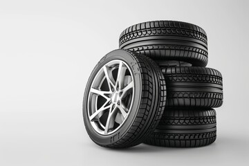A stack of shiny car tires with alloy wheels on a white background. Perfect for automotive advertisements, car sales promotions, or mechanic shop visuals. Simple and clean design. AI