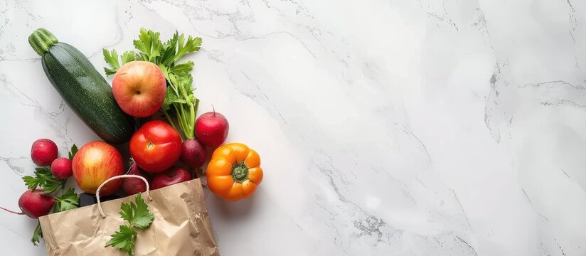 Various fresh vegetables and fruits in a paper bag arranged on a white marble surface for a vegan food delivery ideal for adding text alongside the copy space image