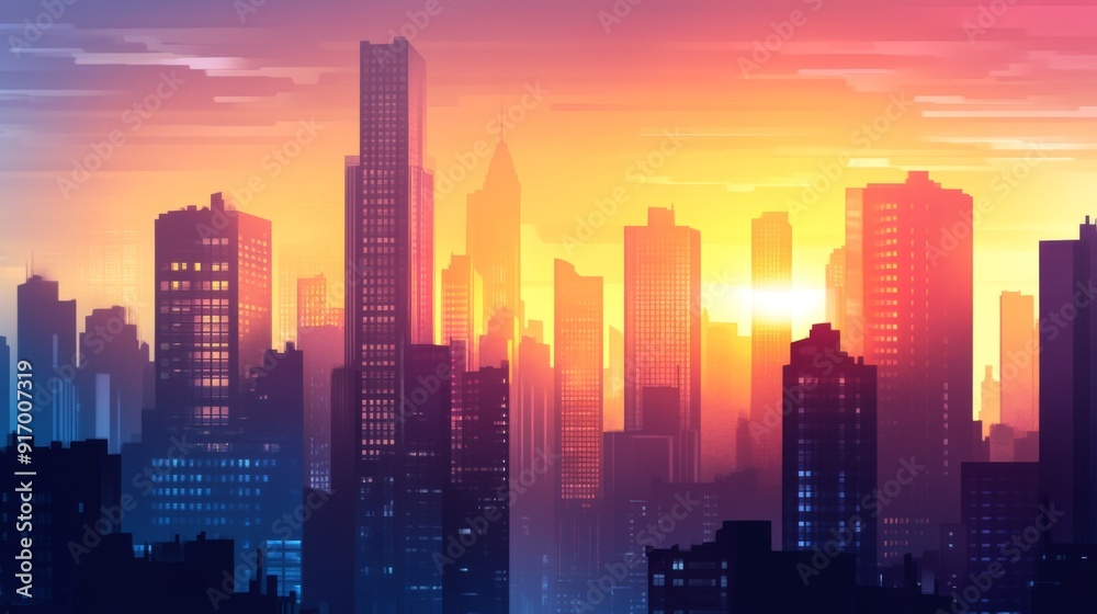 Poster an image of a cityscape with towering skyscrapers as the sun sets, showcasing the changing colors of
