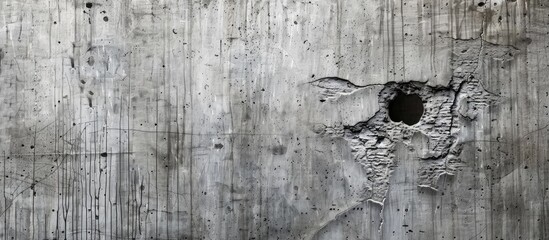 Copy space image of a weathered concrete wall with a textured gray surface featuring a cracked hole forming an abstract background