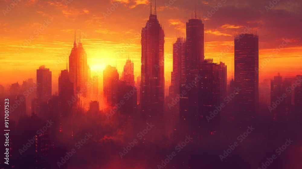 Poster an image of a cityscape with towering skyscrapers as the sun sets, showcasing the changing colors of