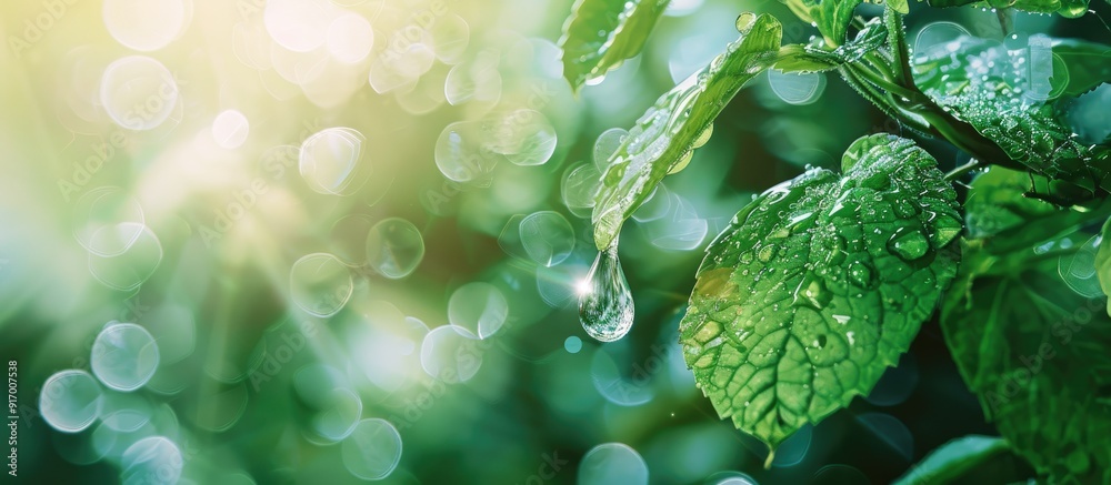 Aufkleber Selective focus capture of a water drop on leaves with copy space image