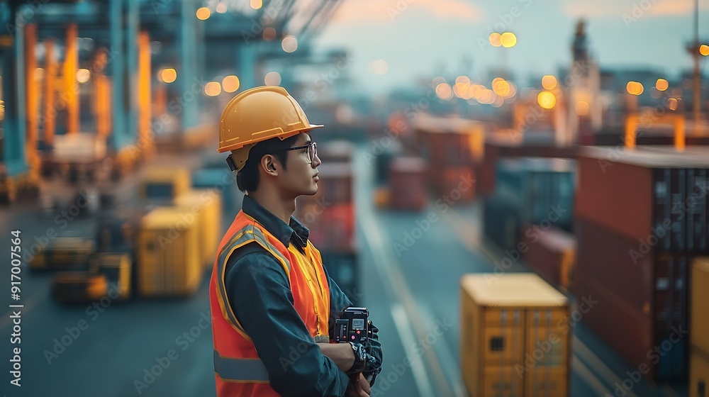 Poster Business and technology digital future cargo logistics transportation import export concept Engineer using radio communication working at industrial port Container online checking cont : Generative AI