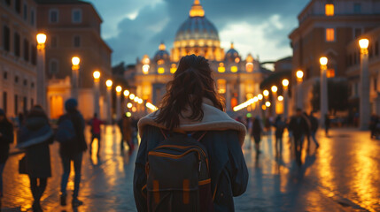 Obraz premium The girl is walking along the road with a backpack.