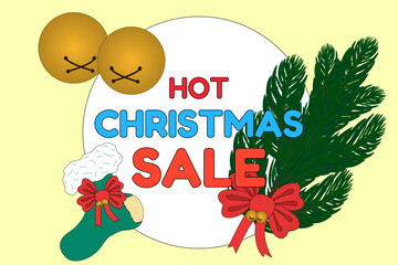 Fototapeta premium Bright Christmas sale design featuring festive bells, a stocking, and a pine branch. Perfect for seasonal promotions and holiday deals.