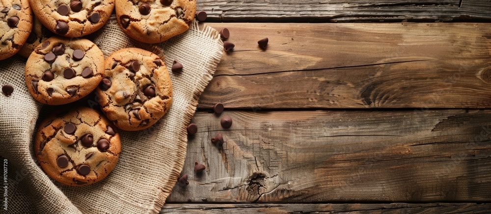 Poster Warm homemade chocolate chip cookies on wooden surface with a rustic feel set against a background with ample copy space image