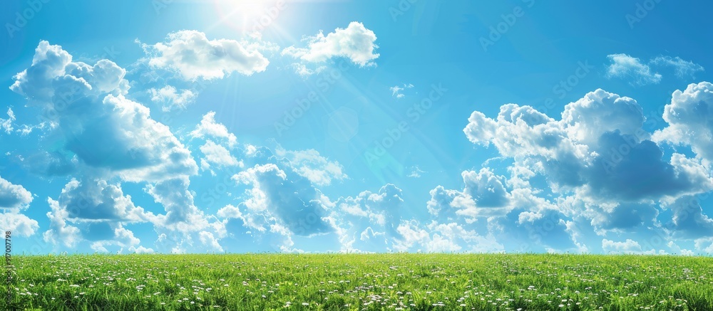 Poster sunny summer day with blue sky and fluffy white clouds creates a perfect backdrop for a copy space i
