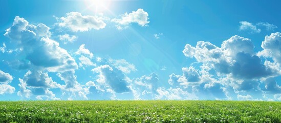 Fototapeta premium Sunny summer day with blue sky and fluffy white clouds creates a perfect backdrop for a copy space image