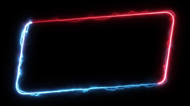 Seamless loop animation rectangle frame 4K video motion graphic. Animated borders frame glowing neon electric lights. abstract lightning neon rectangle frame line animation. Lightning Thunderbolt