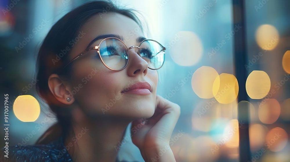 Poster pride thinking and woman with future window and decision with corporate professional and success per