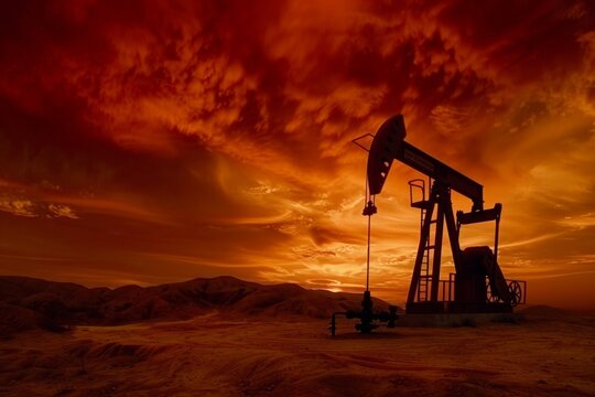 Stunning image of an oil pumpjack at sunset in silhouette style. Vibrant colors fill the sky, enhancing the majestic scene. Perfect for energy industry visuals or dramatic landscape themes