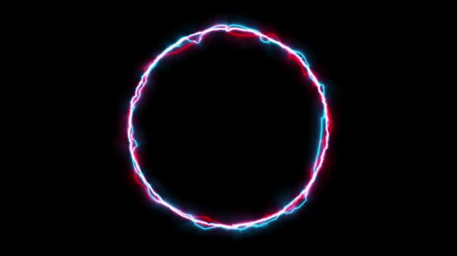 Seamless loop animation circle frame 4K video motion graphic. Animated borders frame glowing neon electric lights. abstract lightning neon round frame line animation. Lightning Thunderbolt