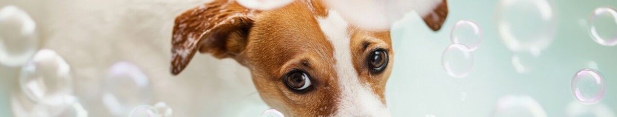 Bubbly Delight: A Dog Immersed in Soap Suds, Capturing the Moment of Cleanliness and Joy, Perfect for Pet, Grooming, and Care Themed Content
