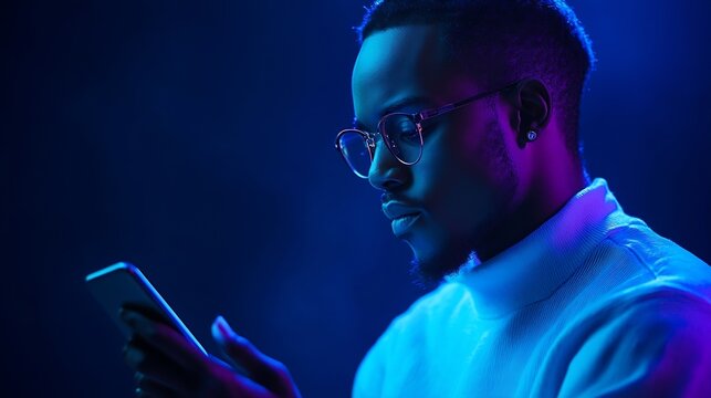 Man with phone in hand looking at smartphone screen portrait dark blue background neon light style and trends mixed light mens fashion copy place : Generative AI