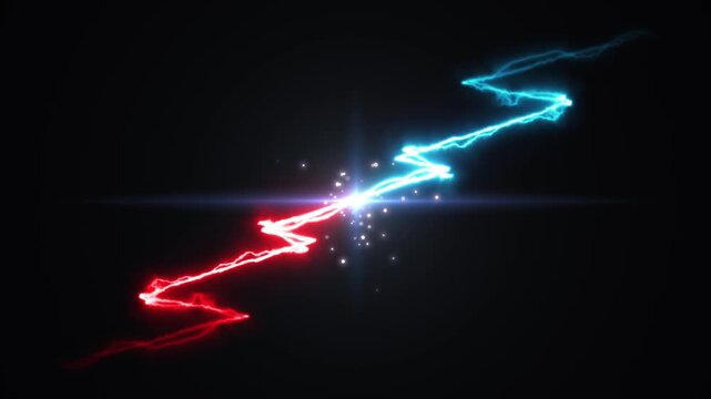 Lightning collision red and blue background frame 4K video motion graphic. Animated borders frame glowing neon electric lights. abstract lightning neon rectangle frame line animation. Versus battle