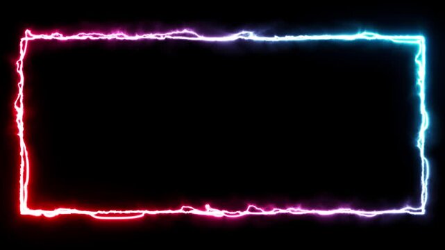 Seamless loop animation rectangle frame 4K video motion graphic. Animated borders frame glowing neon electric lights. abstract lightning neon rectangle frame line animation. Lightning Thunderbolt