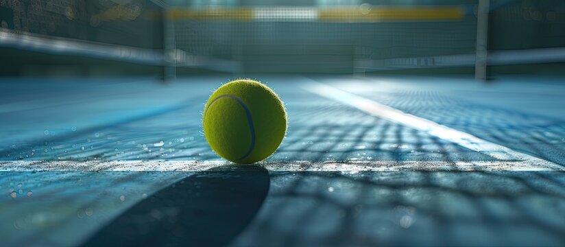 Copy space image of a ball placed on the outlined boundary of a paddle tennis court