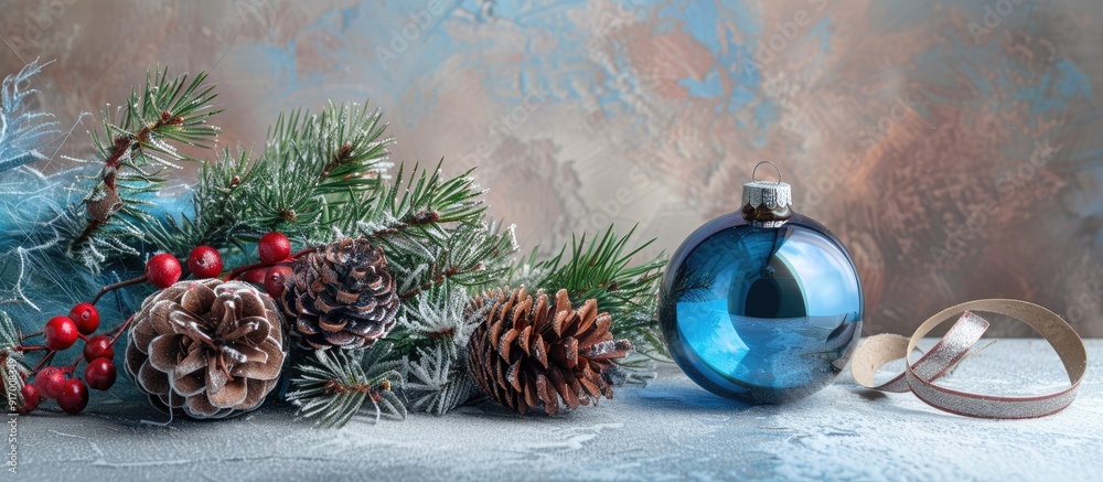 Poster high quality photo featuring a christmas arrangement with cones a blue glass ball and tape on a ligh