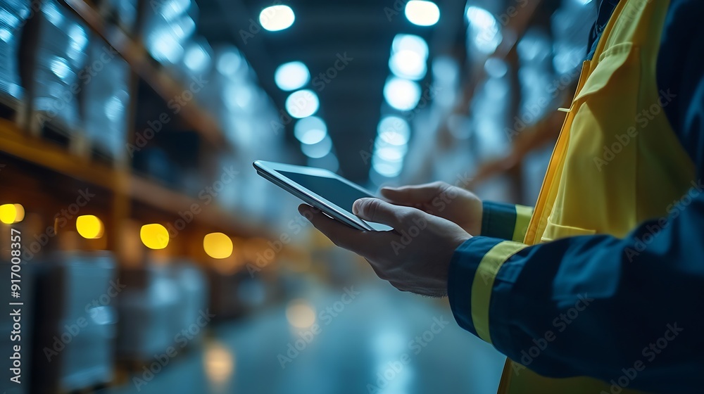 Leinwandbilder panoramic close up hand of smart engineer man warehouse management systemworker hands holding tablet