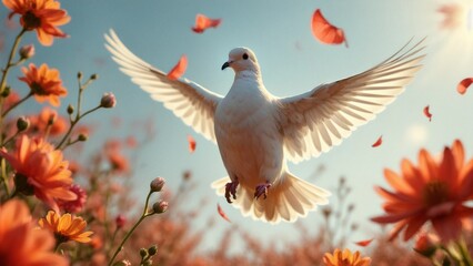 Obraz premium Elegant White Dove in Flight Among Colorful Flowers