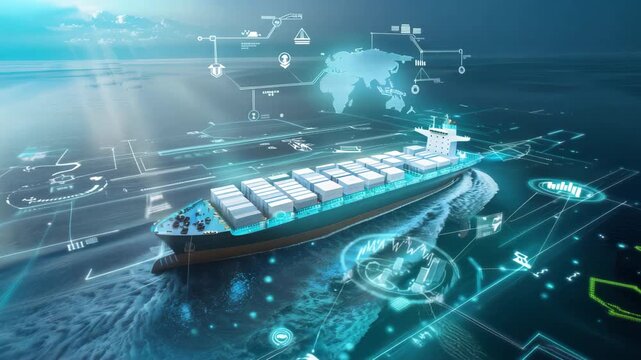 Futuristic cargo ship navigating through digital waters, showcasing maritime technology and global shipping concepts.