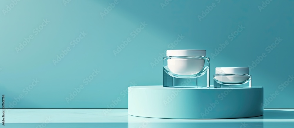 Poster Cosmetic cream samples displayed on a blue backdrop with copy space image available