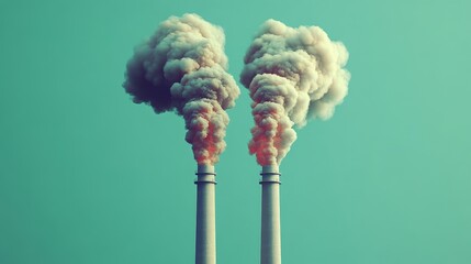 Two industrial chimneys emit plumes of smoke against a green background.
