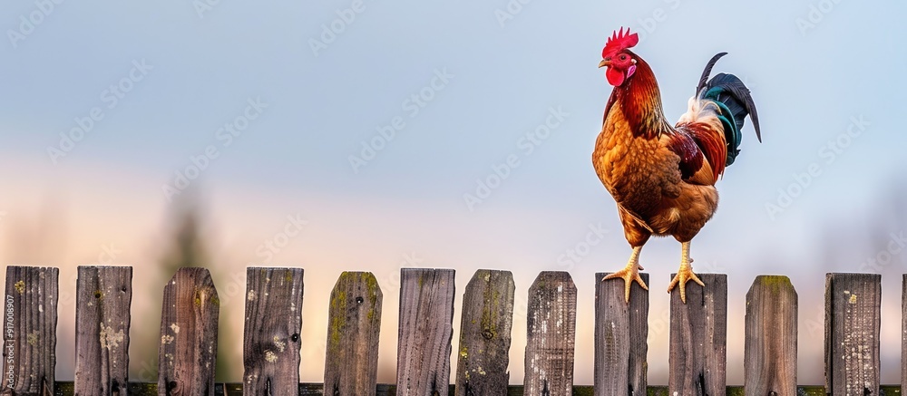 Aufkleber A chicken perched on a fence with red feathers is captured in a photograph with a clear sky in the background creating a lively and colorful copy space image