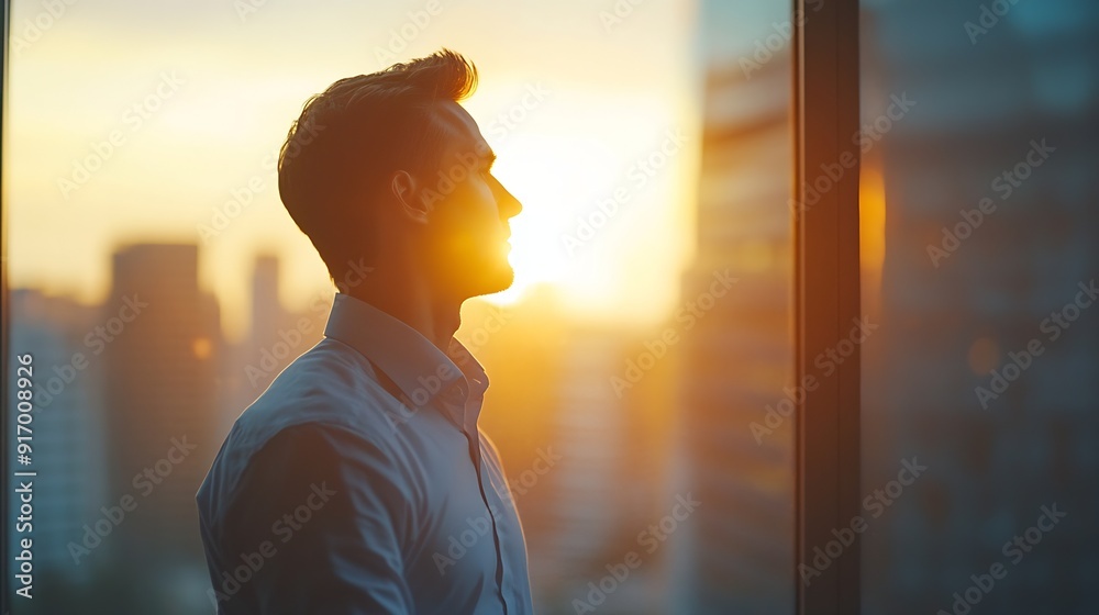 Aufkleber Thinking morning and businessman by window in office for ideas solution and insight for company growth Corporate entrepreneur and person for problem solving brainstorming decision and  : Generative AI