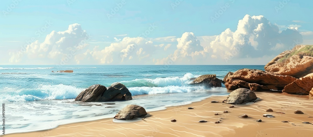 Poster seascape with rocks and sandy beach providing a beautiful view in the copy space image