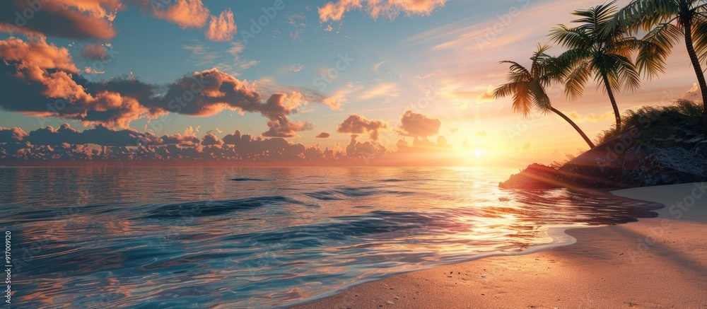Poster sandy shore with palm trees a calm ocean and a sunset ideal for relaxation or a vacation with availa