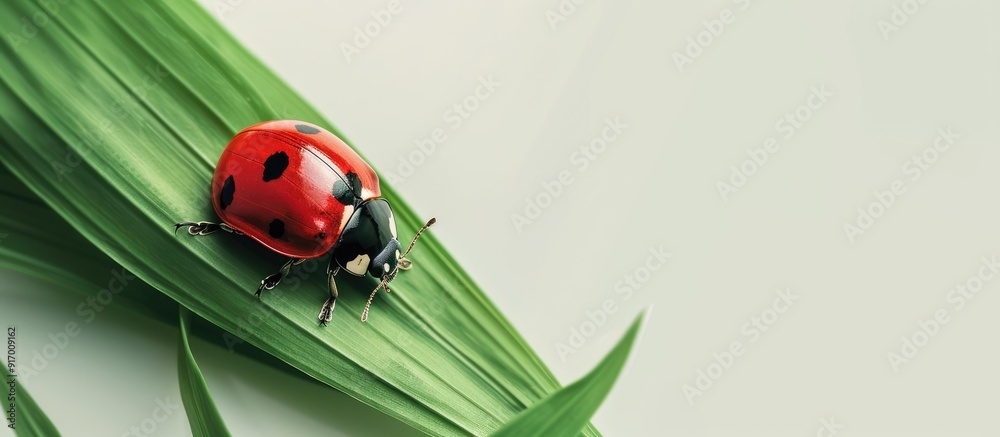Poster ladybug scientifically known as coccinella septempunctata crawling on a leaf with copy space image