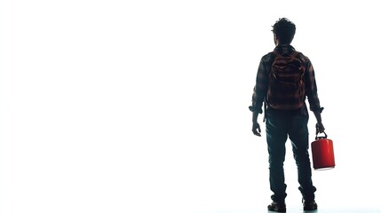 one caucasian man out of gas holding can  full length silhouette in studio isolated white background : Generative AI