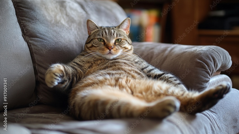 Poster an image of a plump cat lounging on a luxurious sofa, with its paws stretched out and a look of pure
