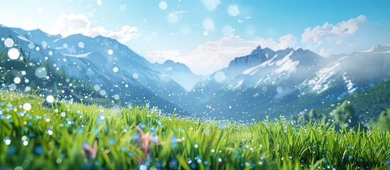 Scenic mountain view with sparkling water droplets on green grass under a blue sky in a copy space image