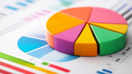 Fototapeta premium An image of a printed business report with a pie chart, showing different colored segments and percentage labels for data analysis.