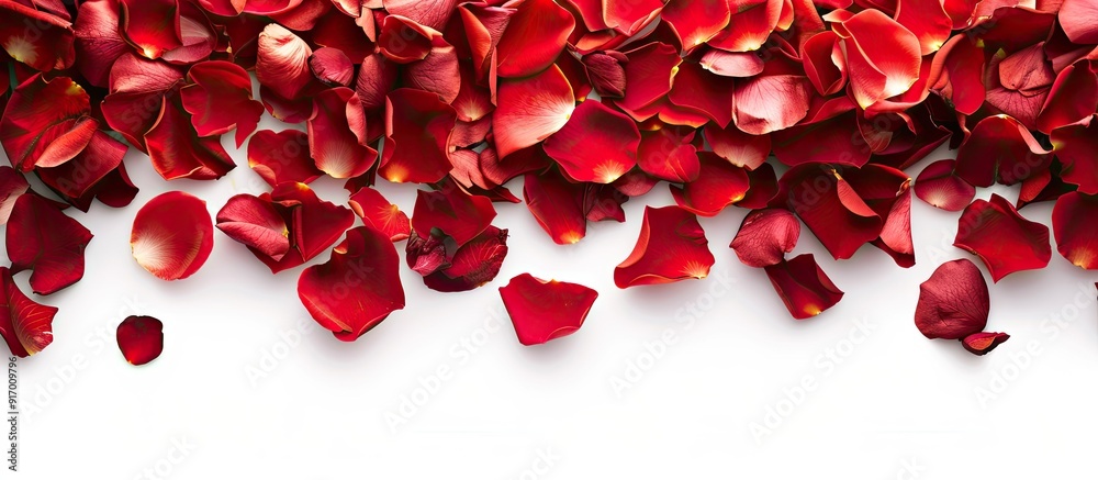 Poster red rose petals on a white backdrop create a stunning image with copy space perfect for a vibrant ro