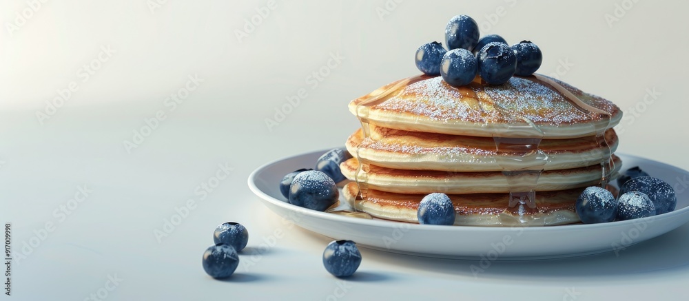 Poster Fluffy pancake with blueberries on a plate isolated on white background with copy space image