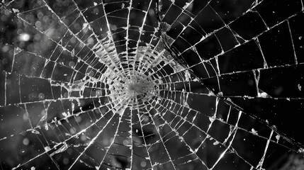 Obraz premium A broken windowpane with a spiderweb pattern of cracks spreading from a central point of impact. Small shards and glass dust add to the sense of realism, emphasizing the force that caused the break. 