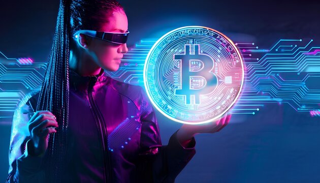 Cyberpunk bitcoin digital currency, futuristic digital money, technology worldwide network concept. btc Cryptocurrency symbol in storm illustration peer virtual network background digital effect coin