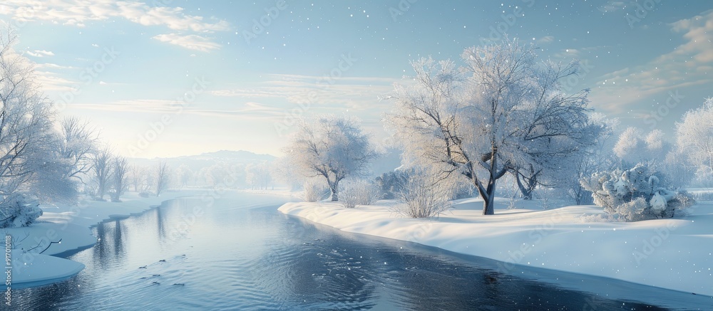 Poster winter scenery with a serene river winding among snow covered trees creating a picturesque copy spac