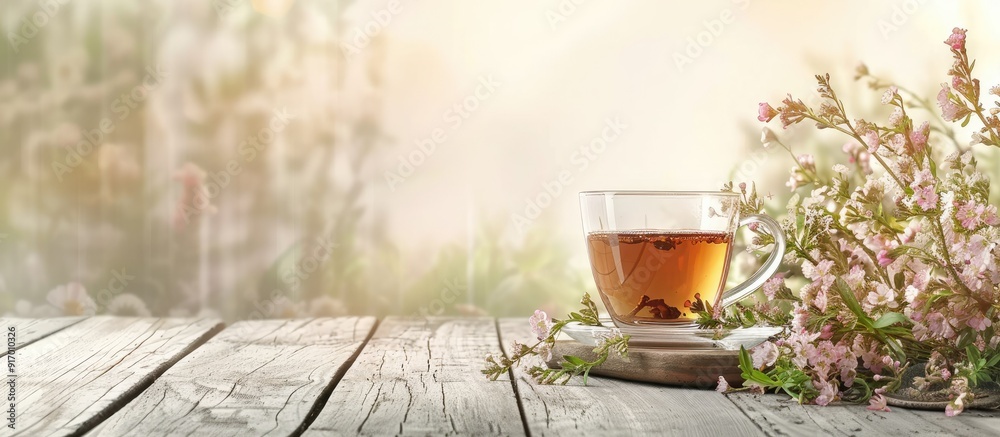 Poster a glass cup with herbal tea and tutsan flowers creates a serene setting on the table with copy space