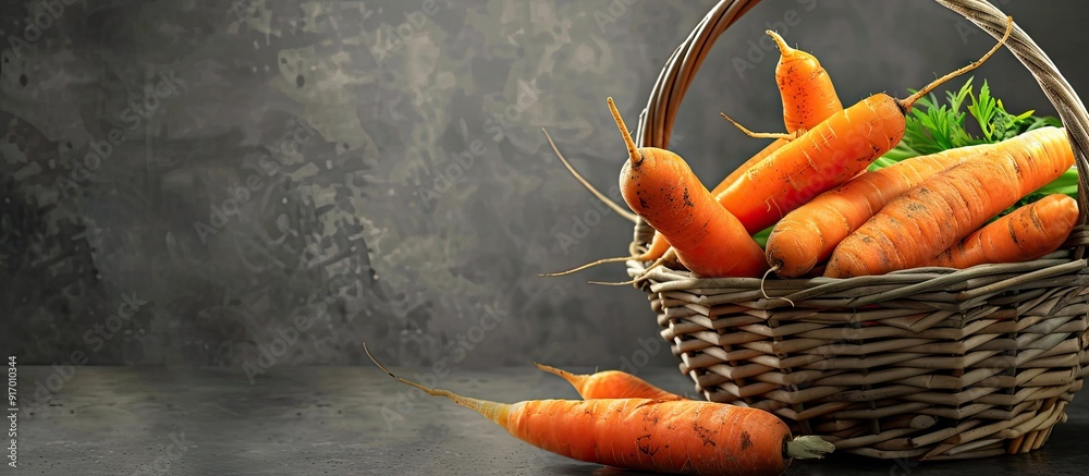Poster Fresh carrots in a basket set against a grey background ideal for a copy space image