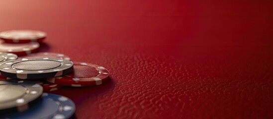 Red table with a group of casino chips in a close up copy space image