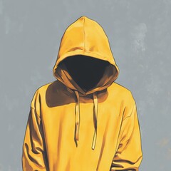 Digital illustration of a faceless person in a yellow hoodie on a gray background