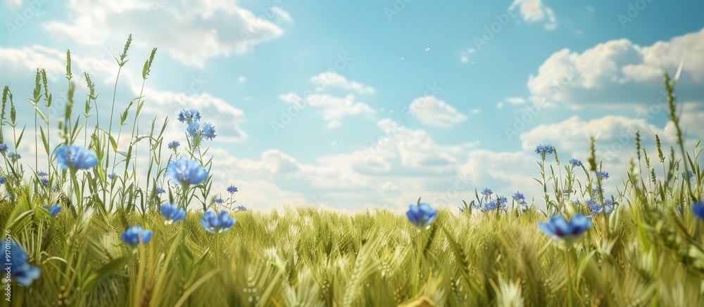 Sticker Summer view with blooming cornflowers in a cornfield ideal for a copy space image