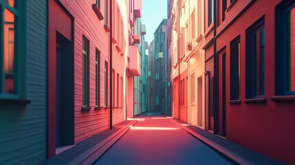 Fototapeta premium A narrow, colorful street lined with buildings, with sunlight streaming down. The street leads to a darker, shaded area in the distance.