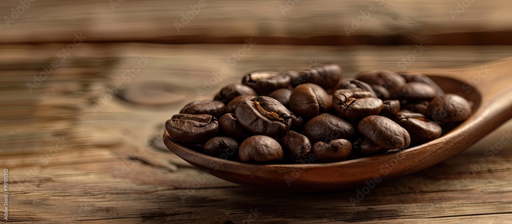 Poster close up view of a wooden spoon with coffee beans ideal as a copy space image