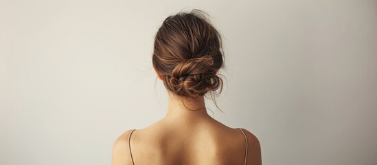 A striking young woman with an exposed back poses gracefully against a white backdrop providing ample copy space image